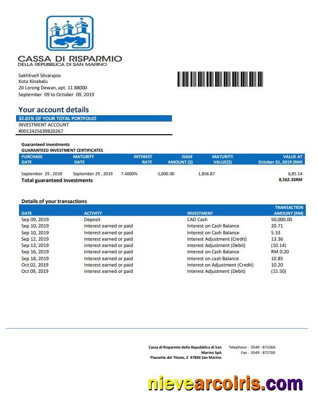 San Marino Cassa di Risparmio bank statement